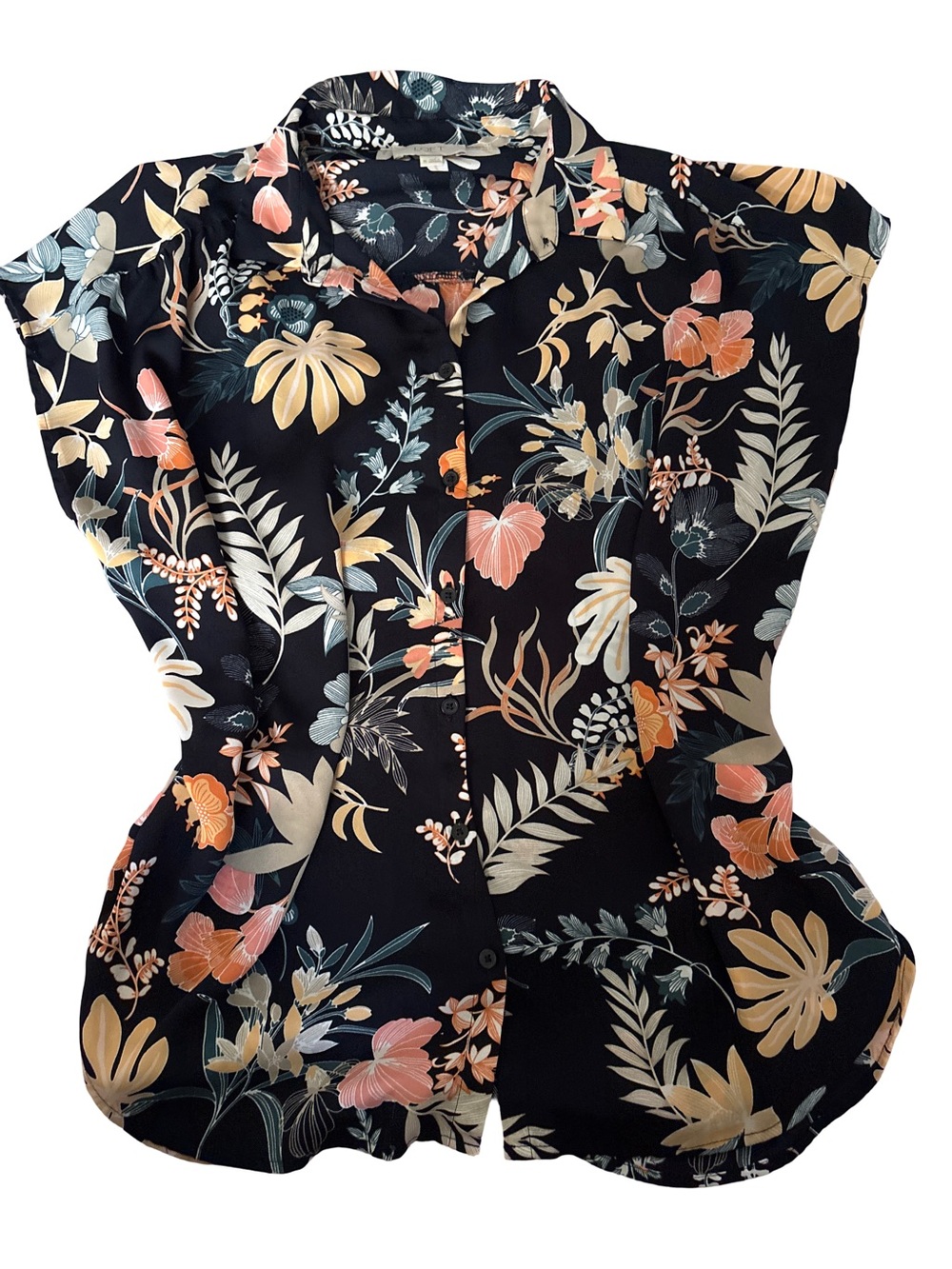 LOFT Black Floral Short-Sleeve Button-Front Blouse